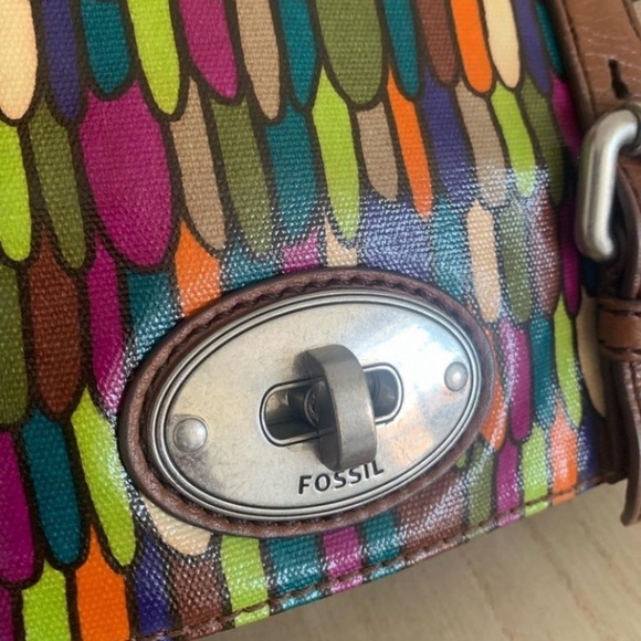 FOSSIL Flap Satchel Messenger Canvas Crossbody Purse Bag colorful leather - Picture 5 of 15